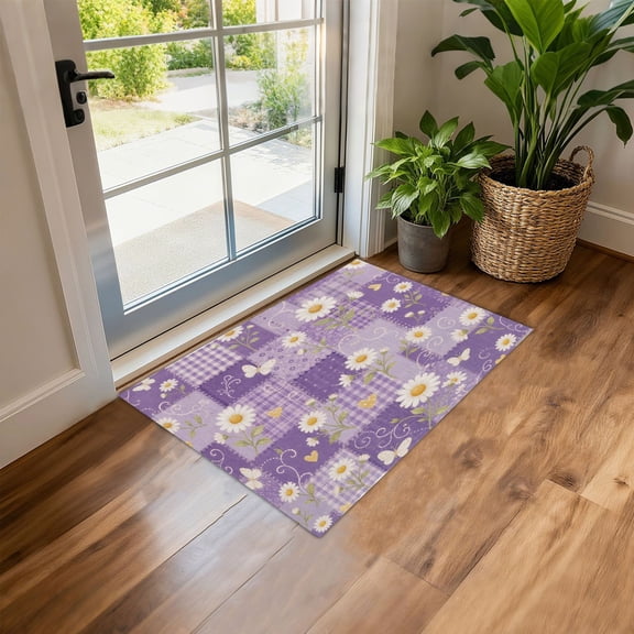Wobogo Purple Daisy Patchwork Area Rug Non-Slip Front Door Mat for Entryway, Bathroom, Bedroom, 35.43 x 23.62 in