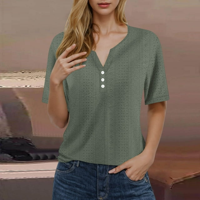 Womens Tshirts V Neck Short Sleeve Top Eyelet Embroidery Summer Loose Button Front Short Sleeve T Shirts