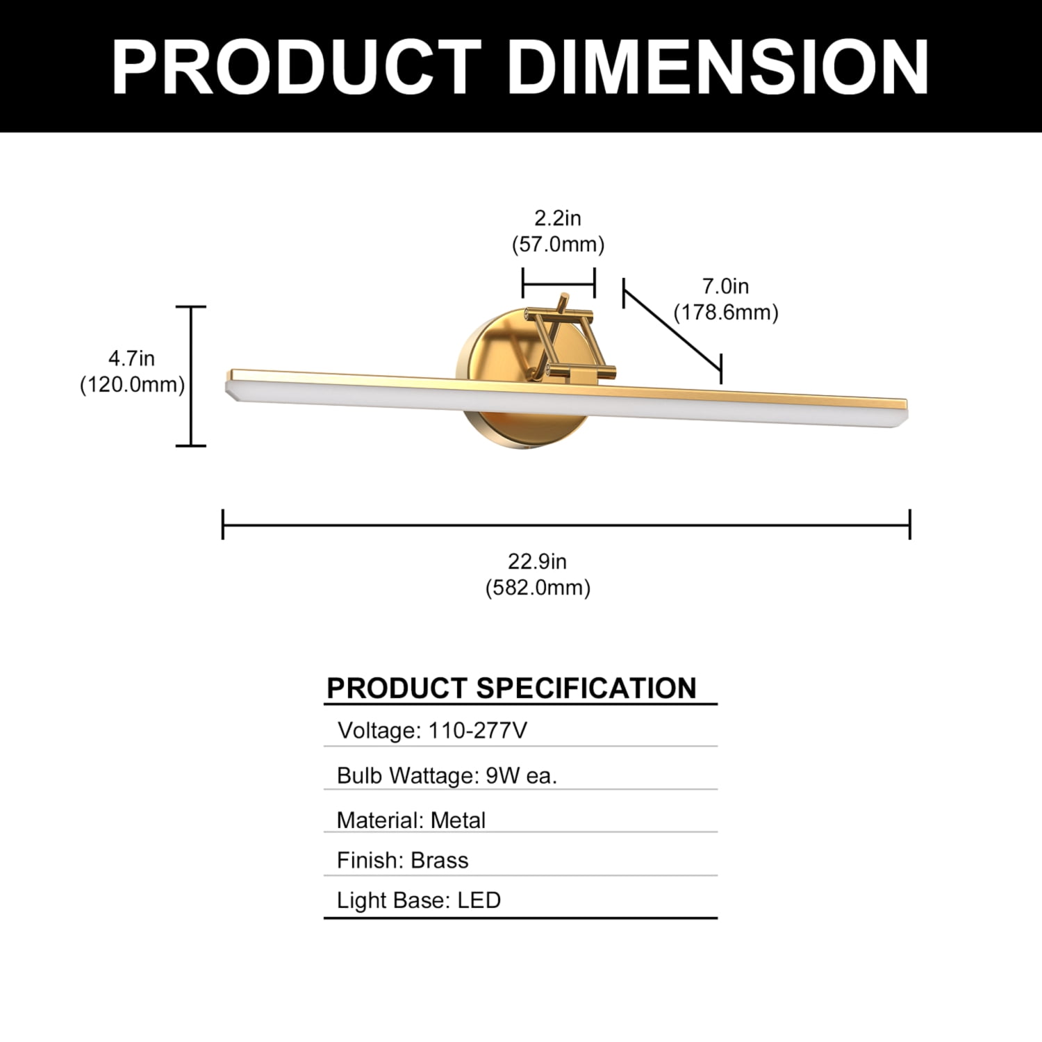 YANSUN 22.9 in Gold Modern Extendable Vanity Light Bar with 5-Color Temperatures, Dimmable, for Bathroom, Bedroom Mirror