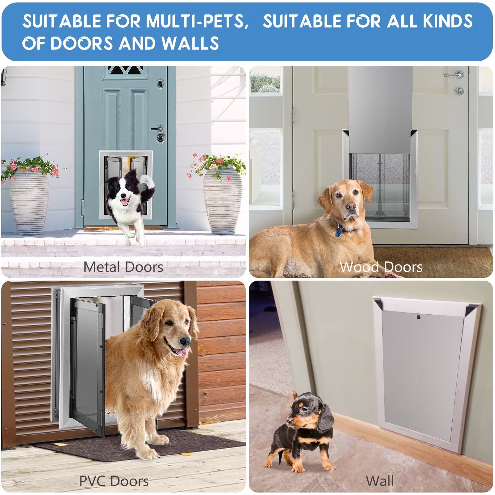 SHZOND Large Dog Door,Weatherproof Aluminum Dog Door with Automatic Closing Double Panels Easy to Install Pet Door for Large Dogs and Cats