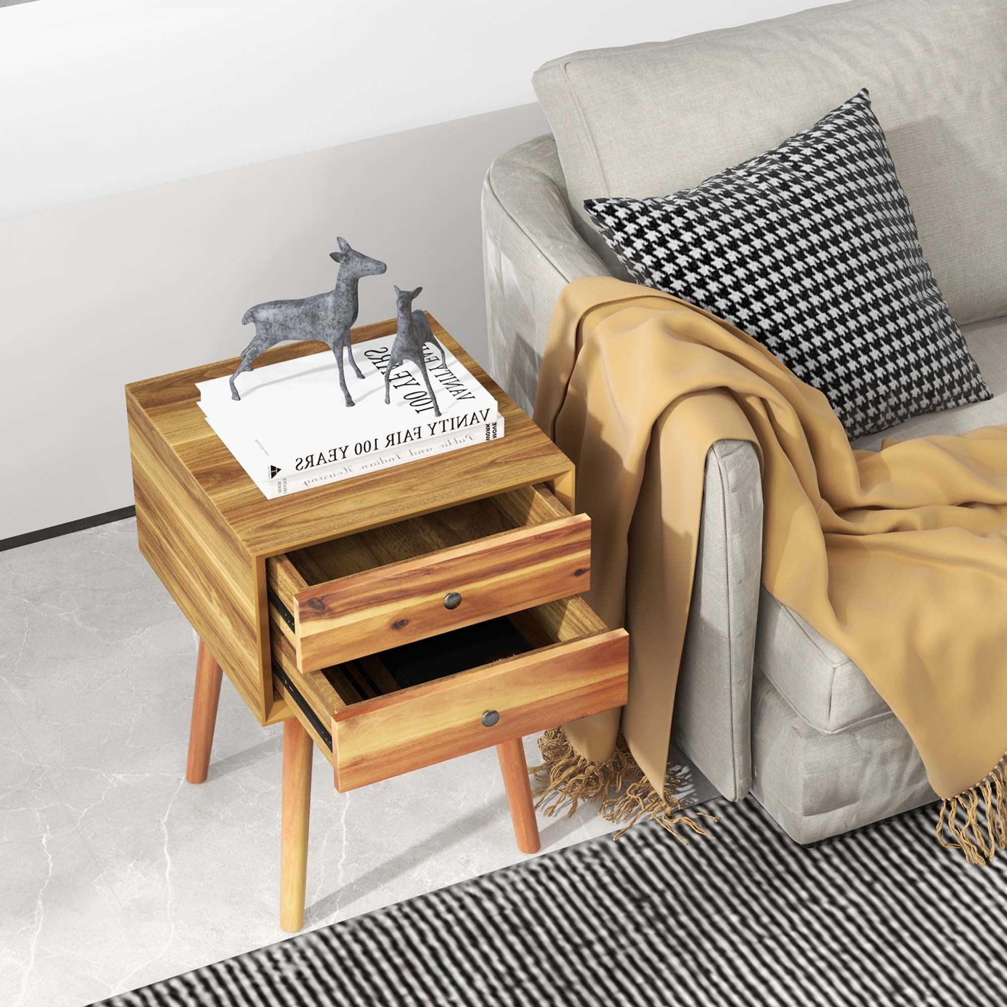 Costway Wooden Nightstand Mid-Century End Side Table Bedroom W/2 Storage Drawers Natural Costway Wooden Nightstand Mid-Century End Side Table Bedroom W/2 Storage Drawers Natural