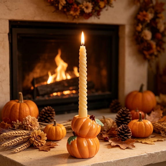 CHJK Stacked Pumpkin Taper Candle Holder, Fall Harvest Ceramic Candlestick Ornament, Pumpkin‑Shaped Candle Stand for Halloween Thanksgiving Tabletop Home Decor