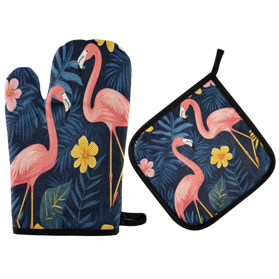 Yayeee Oven Mitts and Pot Holder Set of 2 Heat Resistant Kitchen Gloves Baking Hot Pad, Floral Flamingo