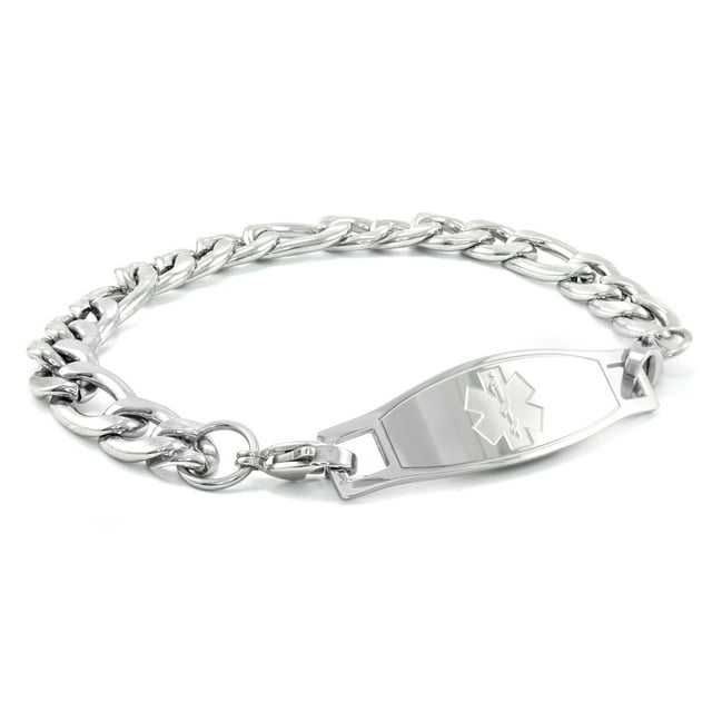 MedicEngraved Bracelet à Maillons Figaro 9 mm en Acier Inoxydable 316L pour Chirurgie avec Étiquette Médicale Embossée - Gravure Médicale Incluse