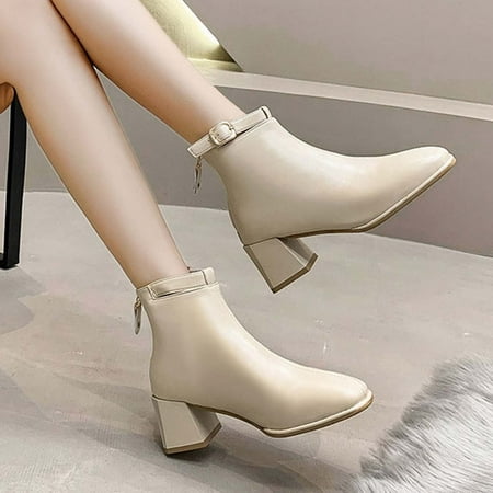

Qiaocaity Women Shoes on Clearance Up to 20% off Women s Chunky Heel Middle-Heels Boots Round-Toe Retro Back Zipper Metal Belt Buckle Short Boots Beige 36