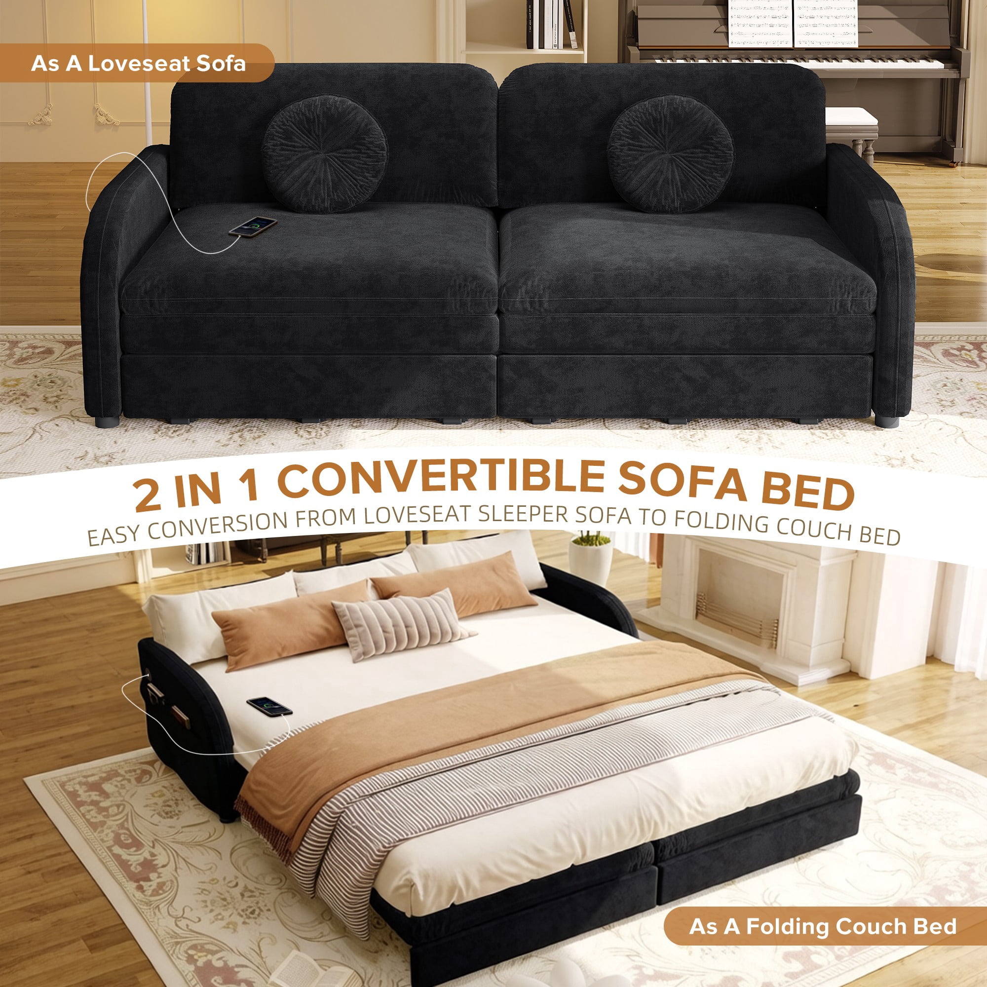 LLappuil Queen Size Pull Out Sofa Bed, Compact Loveseat Sofa Covertible Sofa Bed with USB Port, Side Pocket , Chenille Sofa Couch for Living Room Black