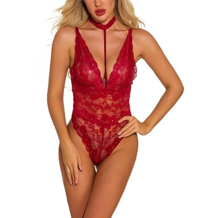 

ELENXS Women Sexy Mesh Lace Lingerie Deep Nightwear Underwear Bodysuit V