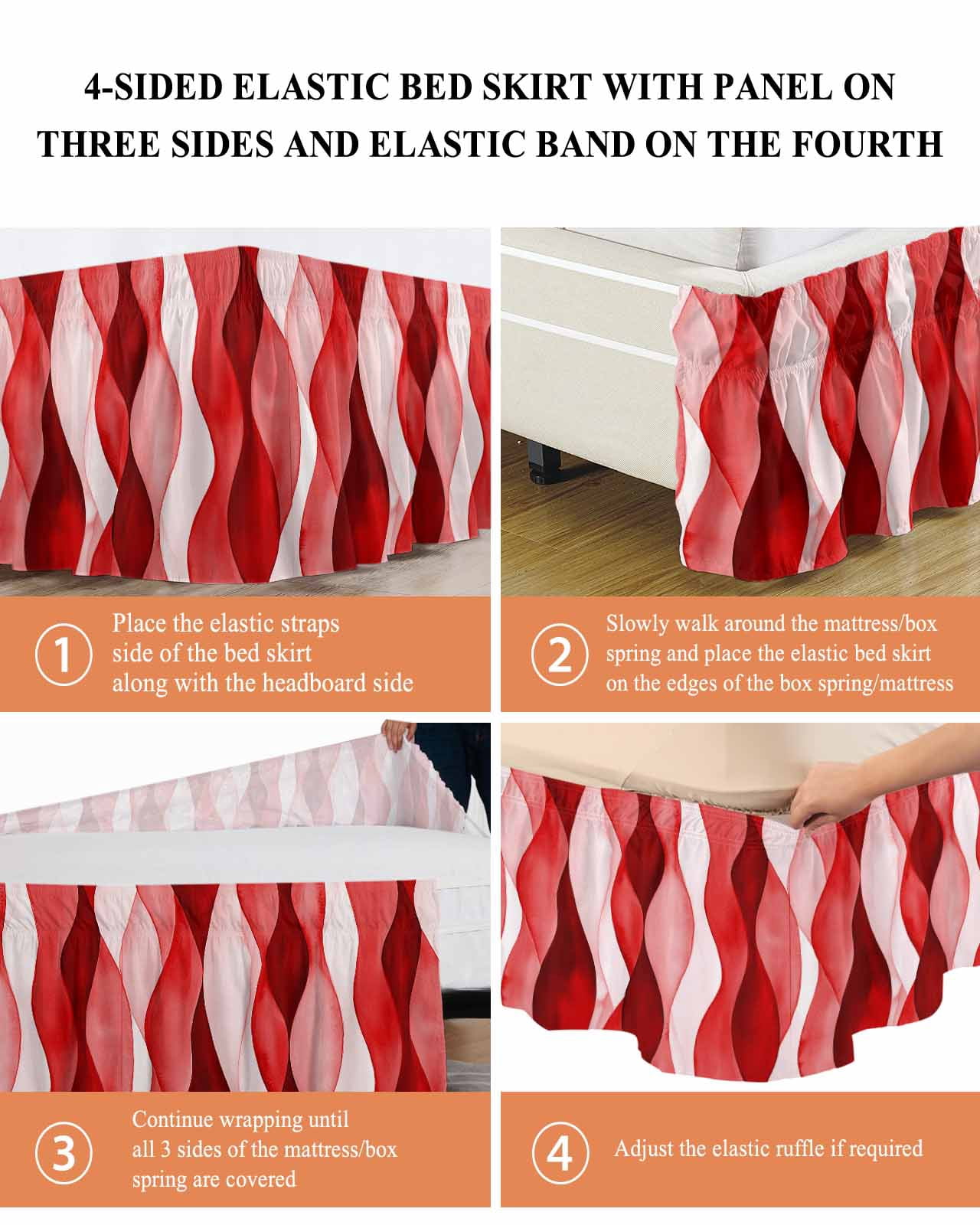 Red Striped Wrap Around Bed Skirts for Queen Bed 18" Drop,Bed Skirt with Adjustable Elastic Belt Dust Ruffle Bed Valance for Bedroom Hotel Modern Gradient Geometric Ripple Stripes Bed Frame Cover
