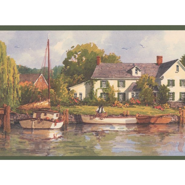 Wallpaper Border - Village by the Lake Marina Boats Rustic Wall Border Vintage Design, Roll 15 ...