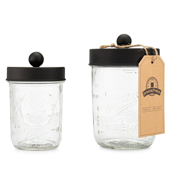 Apothecary Lid Storage Set with Ball Mason Jars - Farmhouse Home Decor for Vanity Organization - Luxury Bathroom, Kitchen and Office Accessories - Black - Two Pack