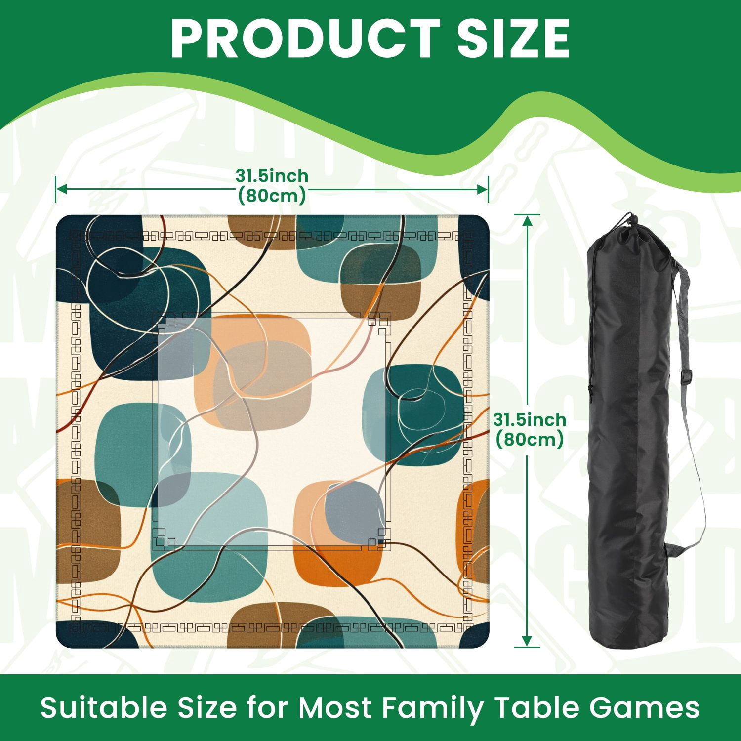 Mahjong Mat 31.5" x 31.5" Abstract Mid Century Modern Geometric Retro Shapes Teal Orange Beige Non-Slip Noise Reduction American Mahjong Tiles Table Cover for Dominoes Poker Card Board Games Gift