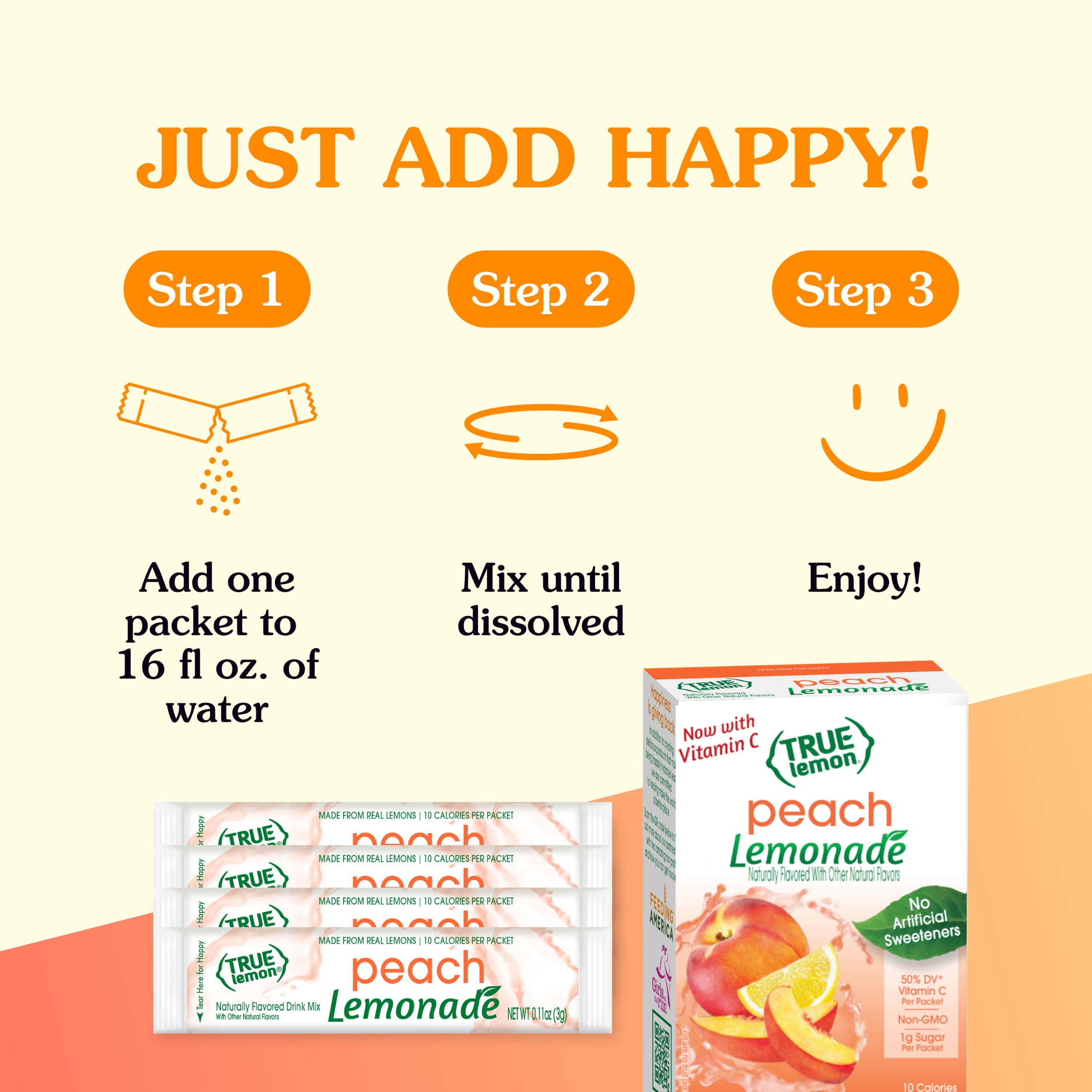 (5 pack) (10 Packets) True Lemon Peach Lemonade Stevia Sweetened, On-The-Go, Caffeine Free Powdered Drink Mix