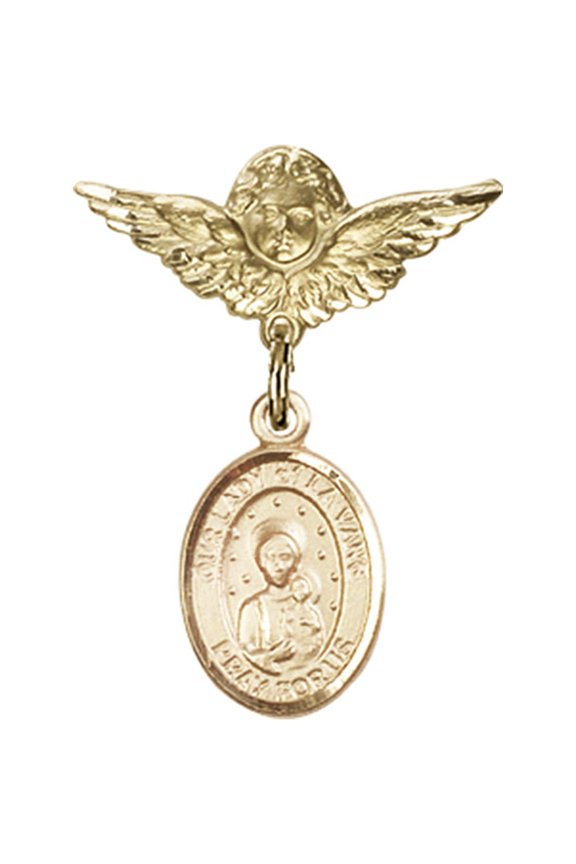 14kt Yellow Gold Baby Badge with Our Lady of la Vang Charm and Angel w/Wings Badge Pin 1 X 3/4 inches