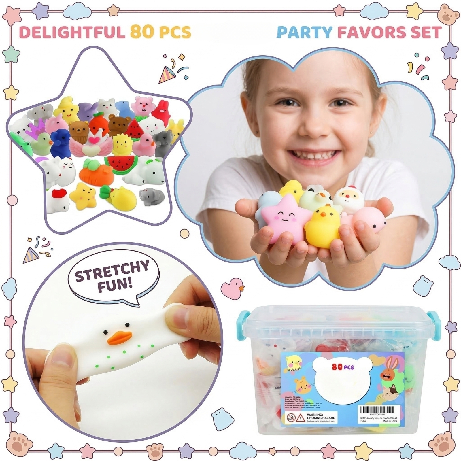 All Ages Party Favor Toys, Sensory Toys Bulk, Stress Toys for Student, Bulk Fidgets for Classroom, Goodie Bag Fillers, 80 Pc, Soft Squeeze Texture, Mixed Bright Hues