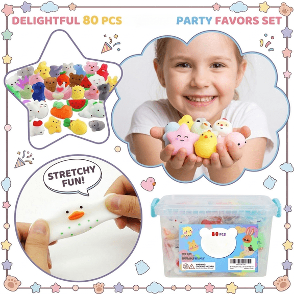 80 Pack Squishy Toys, Kawaii Party Favors for Kids 3-5, 4-8, 8-12, Treasure Box Toys for Classroom Prizes, Mini Gifts Goodie Bag Easter Basket Stuffers Egg Fillers Bulk Fidget Squeeze Toy