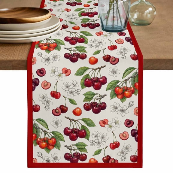 Cherry Table Runner 90 Inches, Vintage Watercolor Purple Red Fruits on Linen Bed Runner Dresser Scarves Tabletop for Indoor Outdoor Parties/Ceremony/Banquet, 13" x 90"