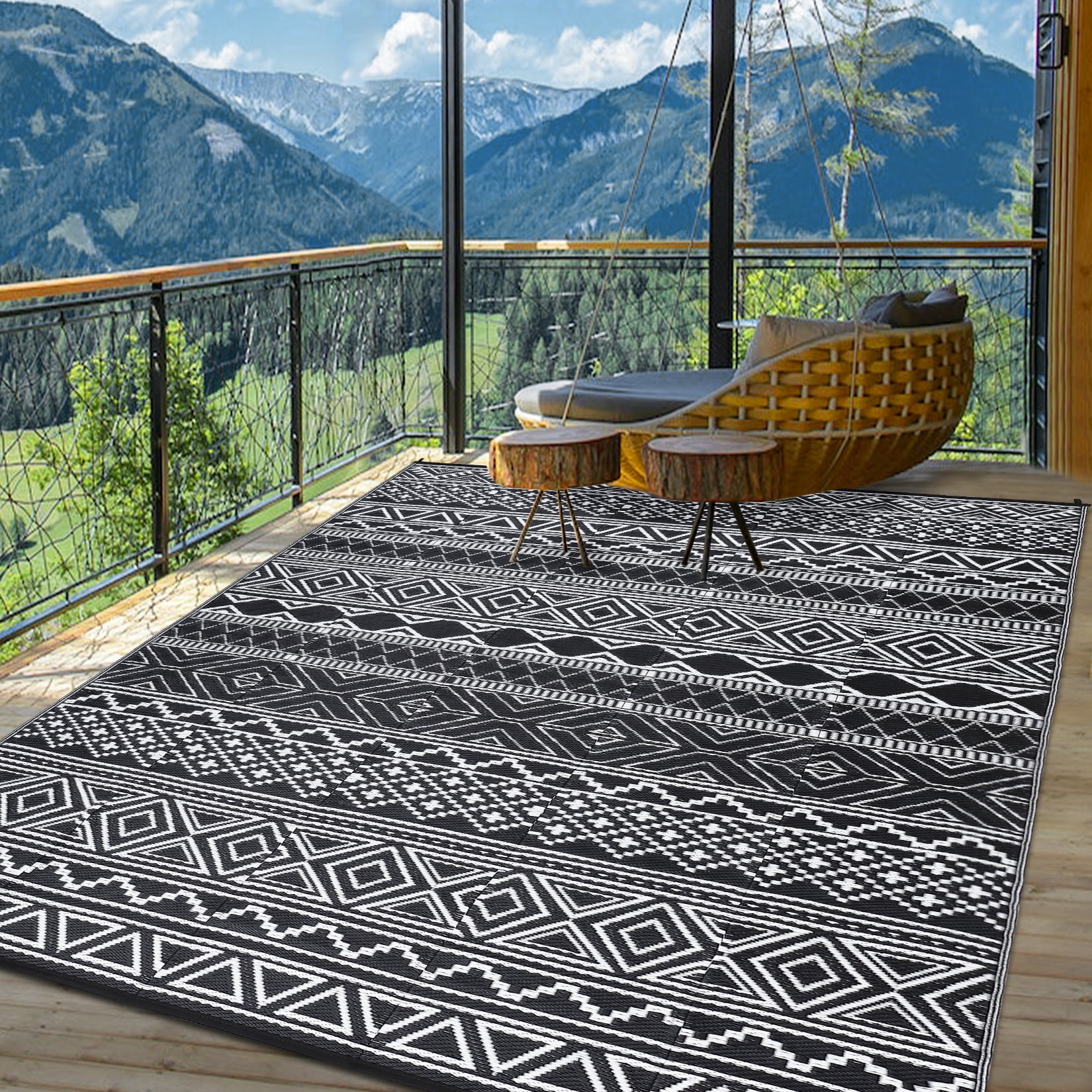 COZONY 9x12 ft Outdoor Rug, Reversible Waterproof Camping Mat, UV & Stain Resistant, Foldable for Backyard, Deck, Black and White