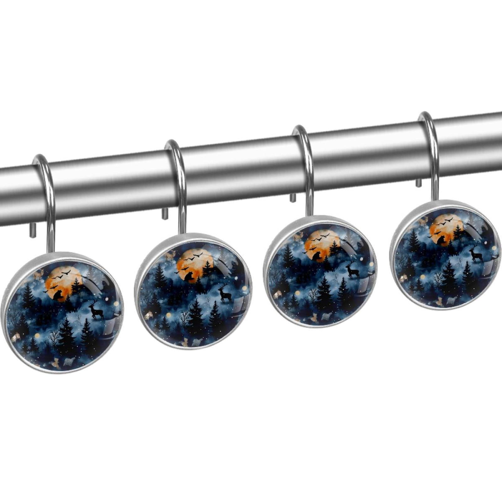 Wild Animals on Forest Silhouette Shower Curtain Hooks Round Crystal Glass, Set of 12 Shower Curtain Rings - Shower Hooks for Curtain Shower Rings