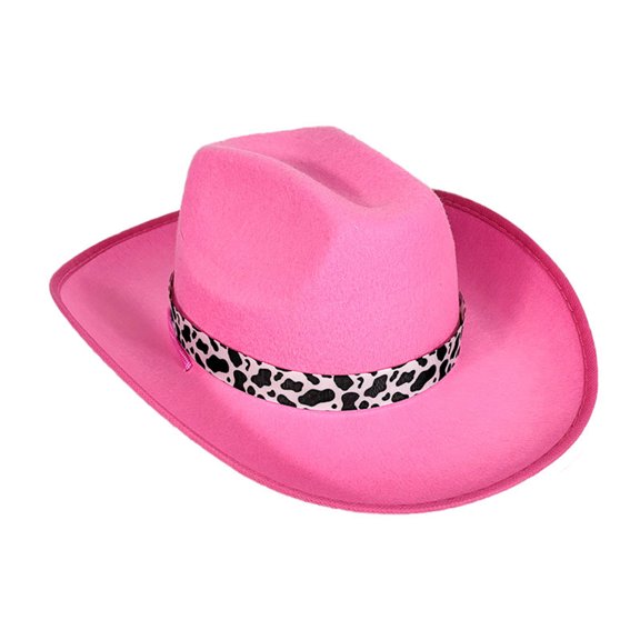 Classic Suede Cowboy Hat for Adult Wide Brim Western Cowgirl Hat Women Fedora Hat with Cow Print Hatband Pink One Size