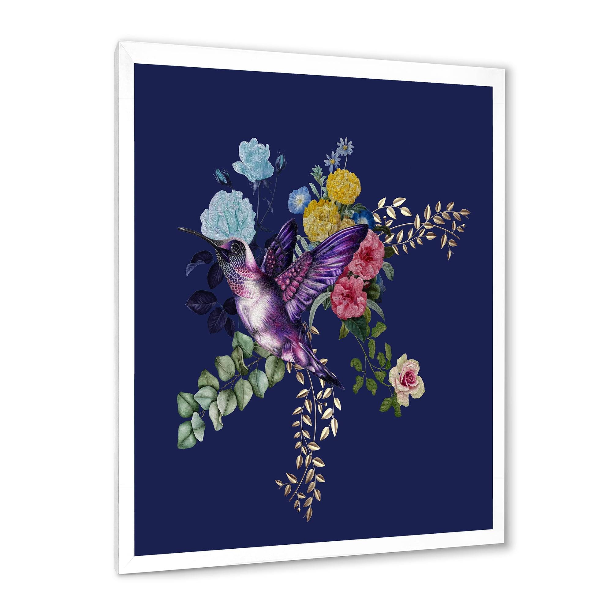 Designart 'Little Bird Sitting On Colourful Bouquet Of Wildflowers I' Traditional Framed Art Print