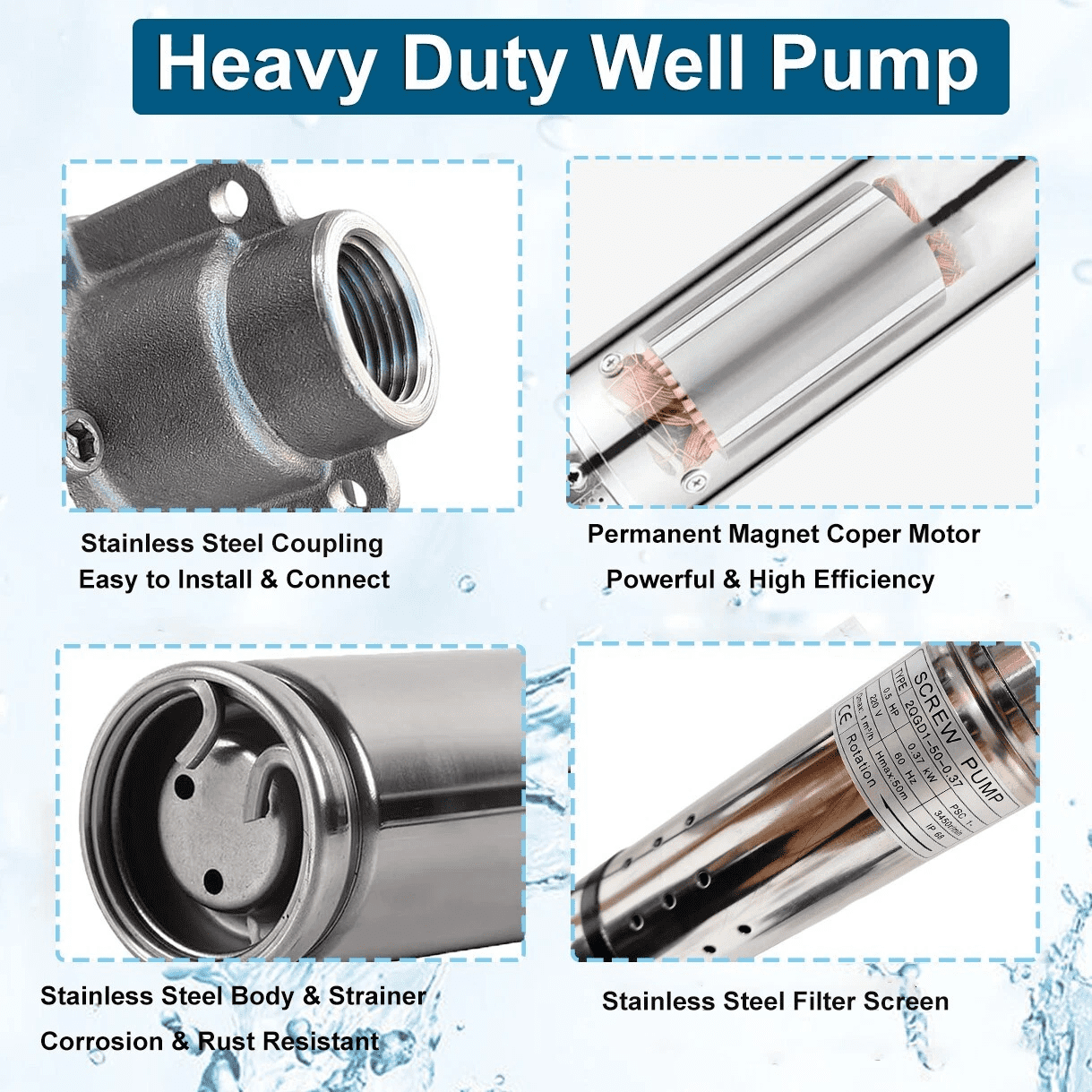 iMeshbean 1HP 3"OD Deep Well Submersible Pump Screw Water Pump 220V-240V 380FT Hmax 10GPM 33ft Cord