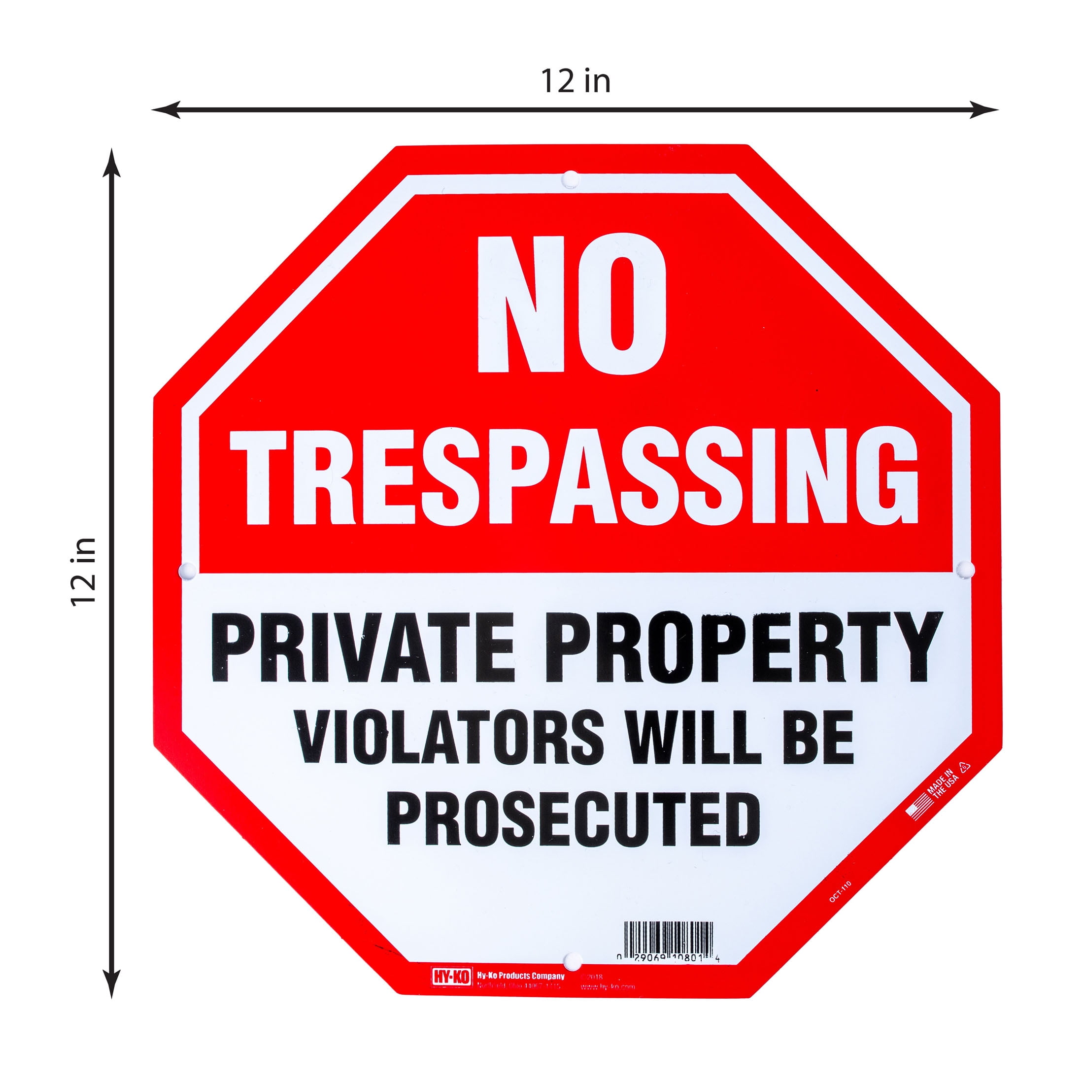 (5 pack) HY-KO 12"X12" Octagon No Trespassing Sign