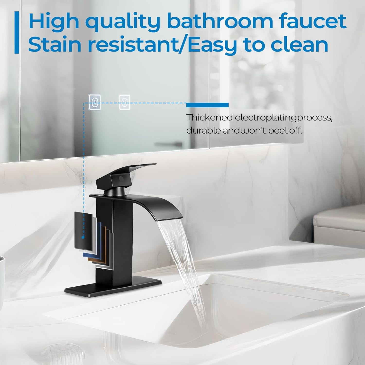 Matte Black Bathroom Faucets, Waterfall Bathroom Sink Faucet Modern Single Handle Bathroom Faucte 1 or 3 Hole, RV Mixer Tap Vanity Faucet - Includes Pop-up Drain Supply Hoses Deck PlateA