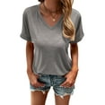 thumbnail image 4 of Liher Short Sleeve T Shirts for Women V Neck Basic Tops Loose Fit Tunic Top Casual Roll Sleeve Summer Tee Shirts Light Gray M, 4 of 6