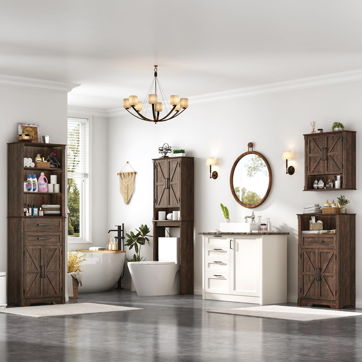 Farmhouse Floor Storage Cabinet with Drawers & 2 Barn Doors, Wood Bathroom Storage Cabinet with Roman Column Decor, Farmhouse Storage Cabinets with Adjustable Shelf & Door Cabinets, Rustic Brown