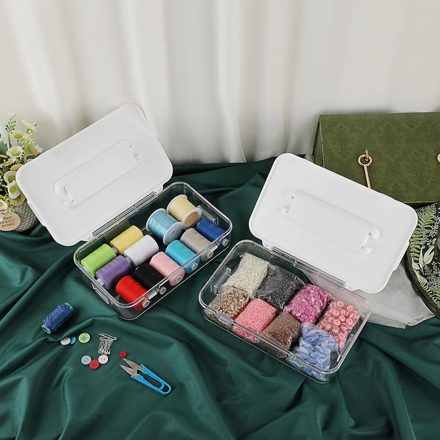 2 Pack Clear Plastic Storage Box with Handle & Flap Lid, Portable Craft Organizers and Storage Box Art Supply Storage Organizer Multipurpose Plastic Sewing Box for Beads Pencils Sticky Notes