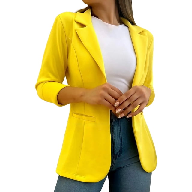 Gibobby Blazer mujer casual Blazer casual para mujer de manga larga con botones de solapa para trabajo y oficina(Amarillo,XL)