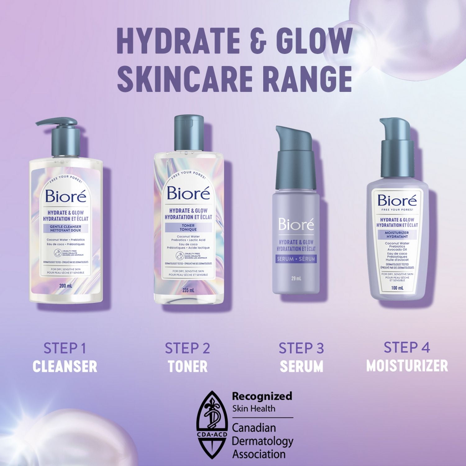 Bioré Hydratant Hydratation et éclat de Bioré, avec eau de coco + prébiotiques + huile d’avocat, hydratant pour peau sèche et sensible