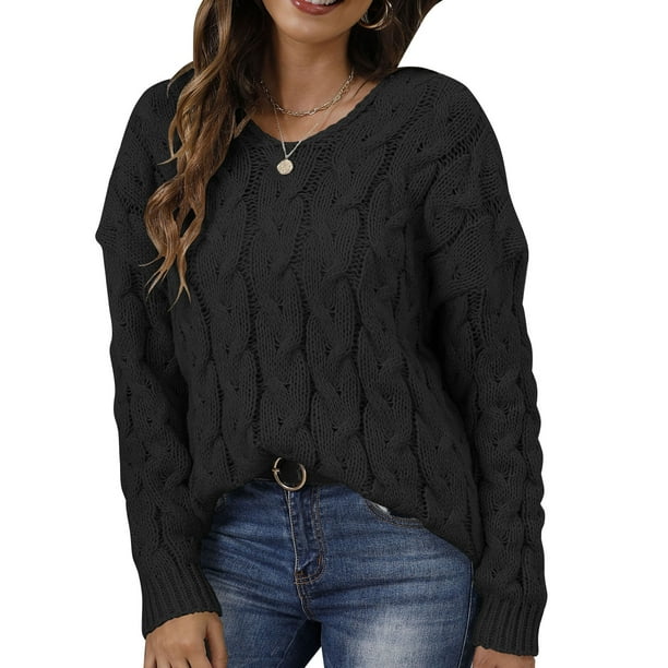 Suéter con capucha para mujer, tejido con cable, cuello en V, manga larga, jersey, jersey suelto inf Abanopi Negro/Grande