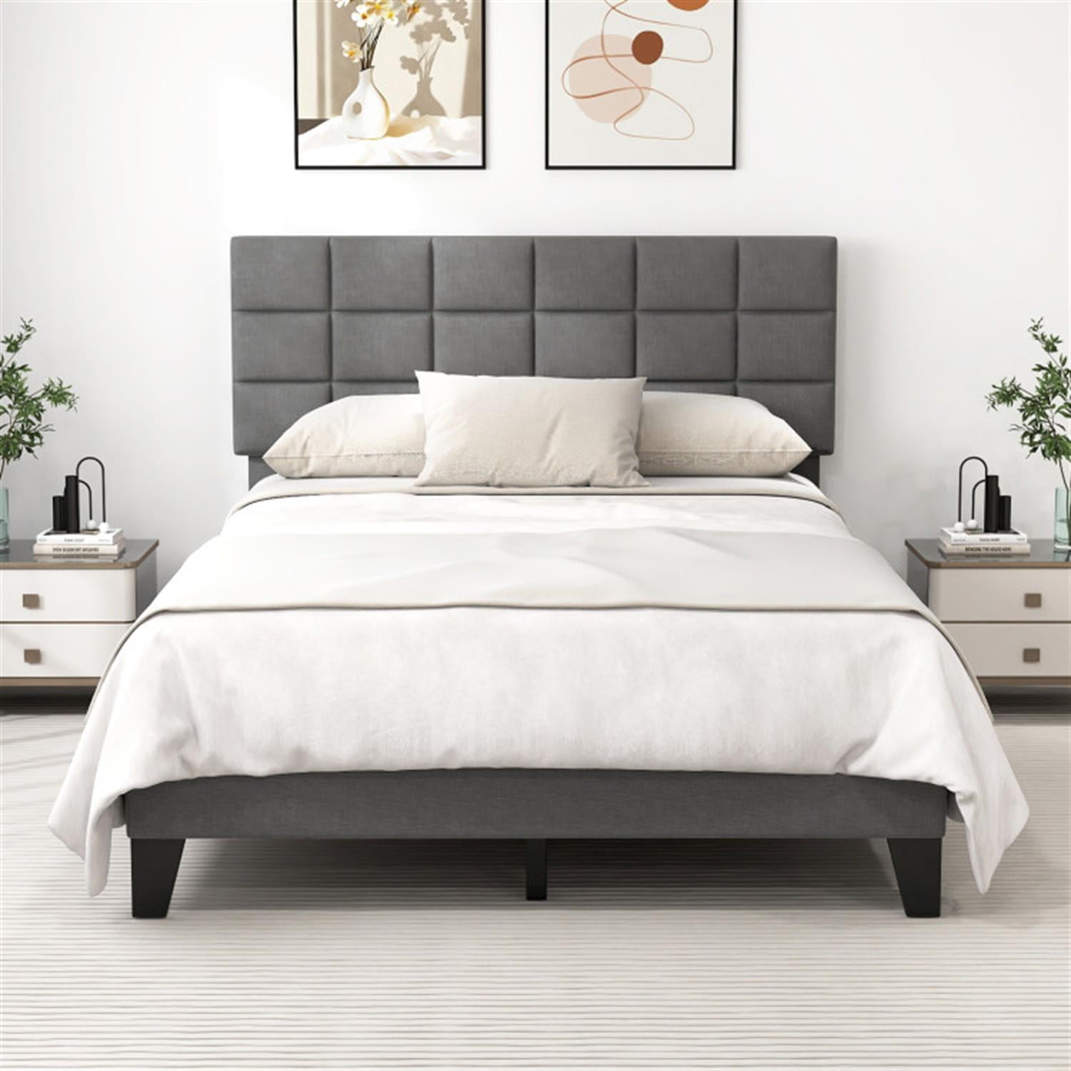 Demi Bonn Queen Size Bed Frame with Adjustable Headboard, Modern Linen Platform Bed Frame with 10 Strong Wood Slat Support, No Box Spring Needed, Gray