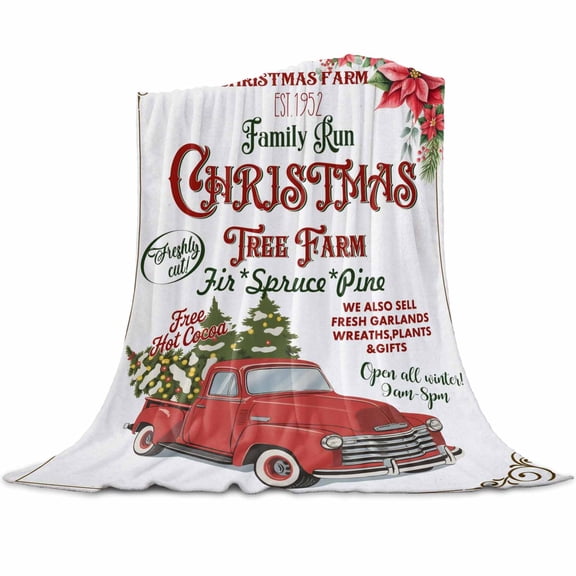Christmas Red Truck Flannel Blanket for Bed,Travel and Camping, Xmas Tree Poinsettia Flower Winter Super Soft Cozy Blanket for All Seasons 60"x80"