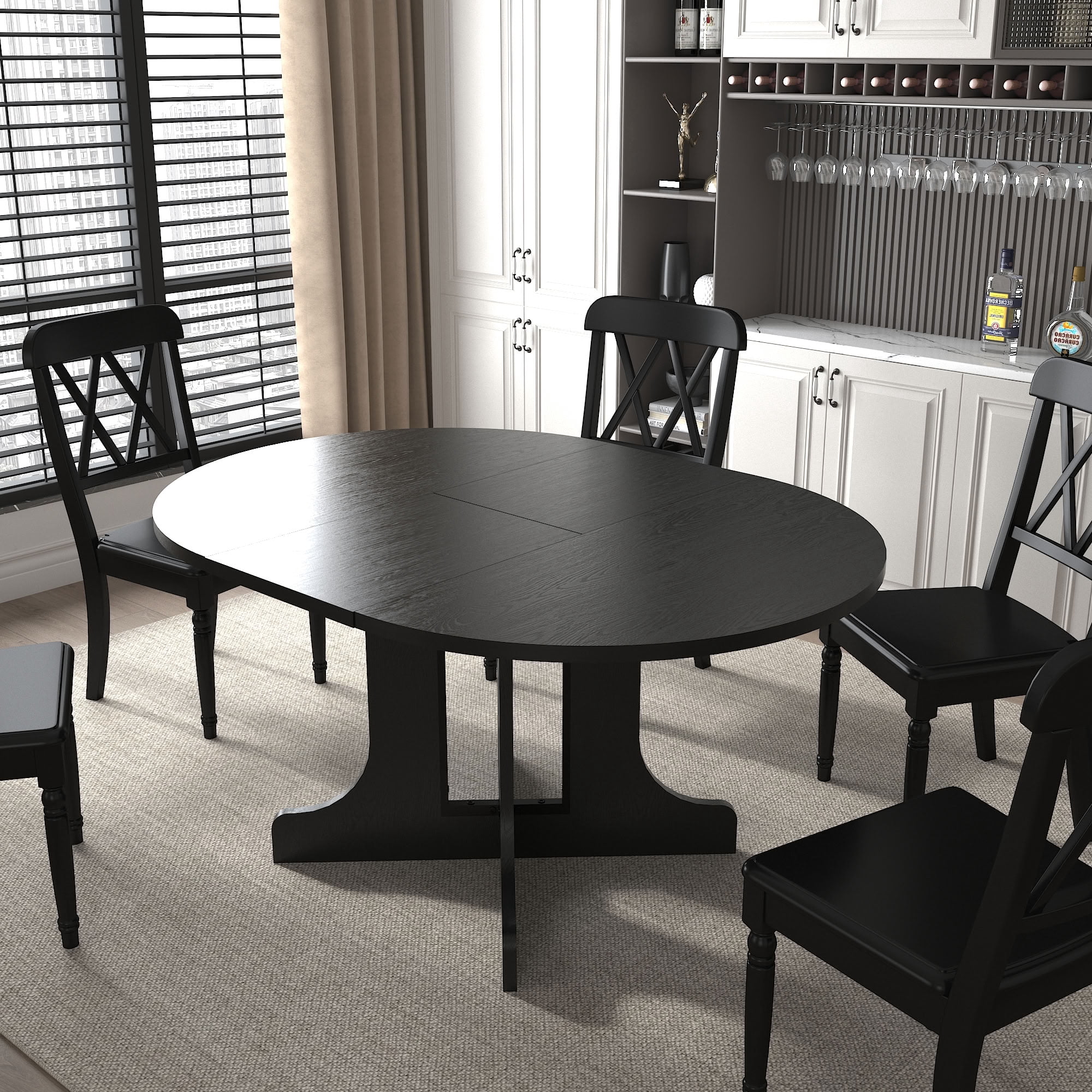 MAYEERTY Farmhouse Expandable Round to Oval Dining Table for 6, Extendable Kitchen Table with Removable Leaf, for Home Dining Room, Apartment, Kitchen Gathering Furniture
