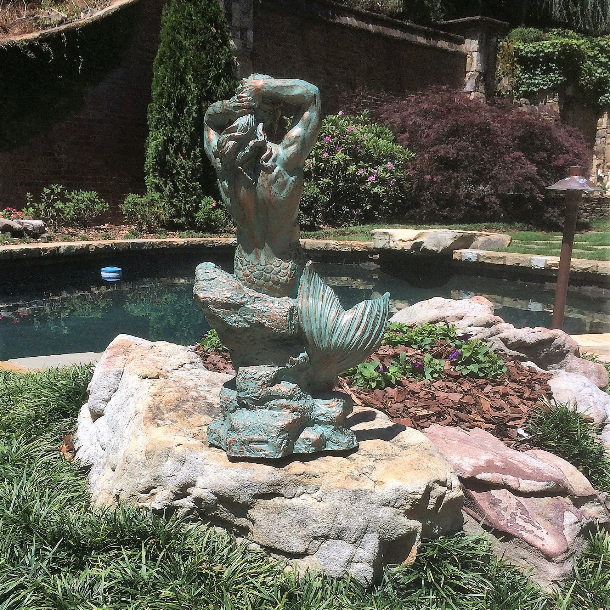 Homestyles 21"H Bronze Patina Sexy Merman Mermaid Sitting on Rock Nautical Beach Extra Large Statue