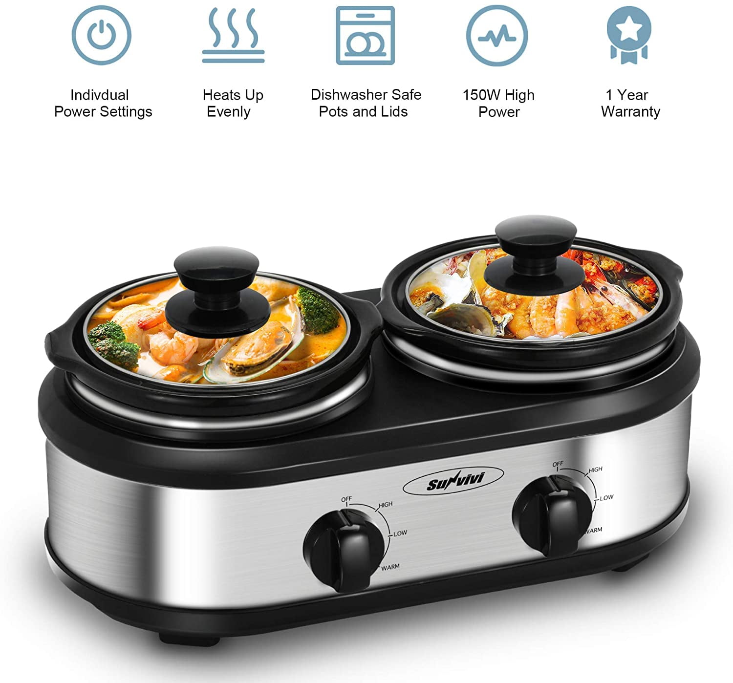  Slow Cooker, Triple Slow Cooker Buffet Server 3 Pot Food  Warmer, 3-Section 1.5-Quart Oval Slow Cooker Buffet Food Warmer Adjustable  Temp Lid Rests Stainless Steel with 3 Spoons，Total 4.5 Q: Home