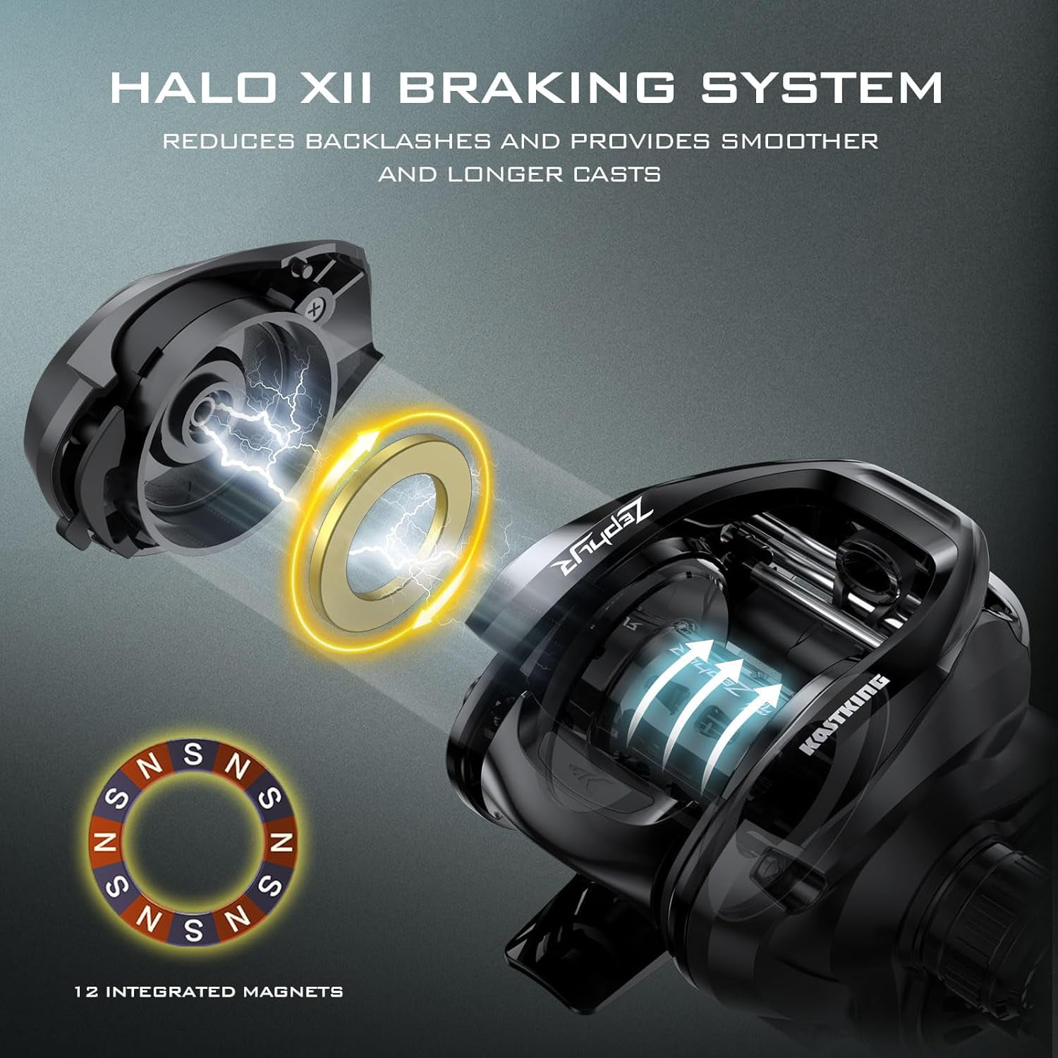 KastKing Right Baitcasting Fishing Reel, Halo XII Magnetic Braking System, 7+1 Stainless Steel BB, 7.2:1-Black