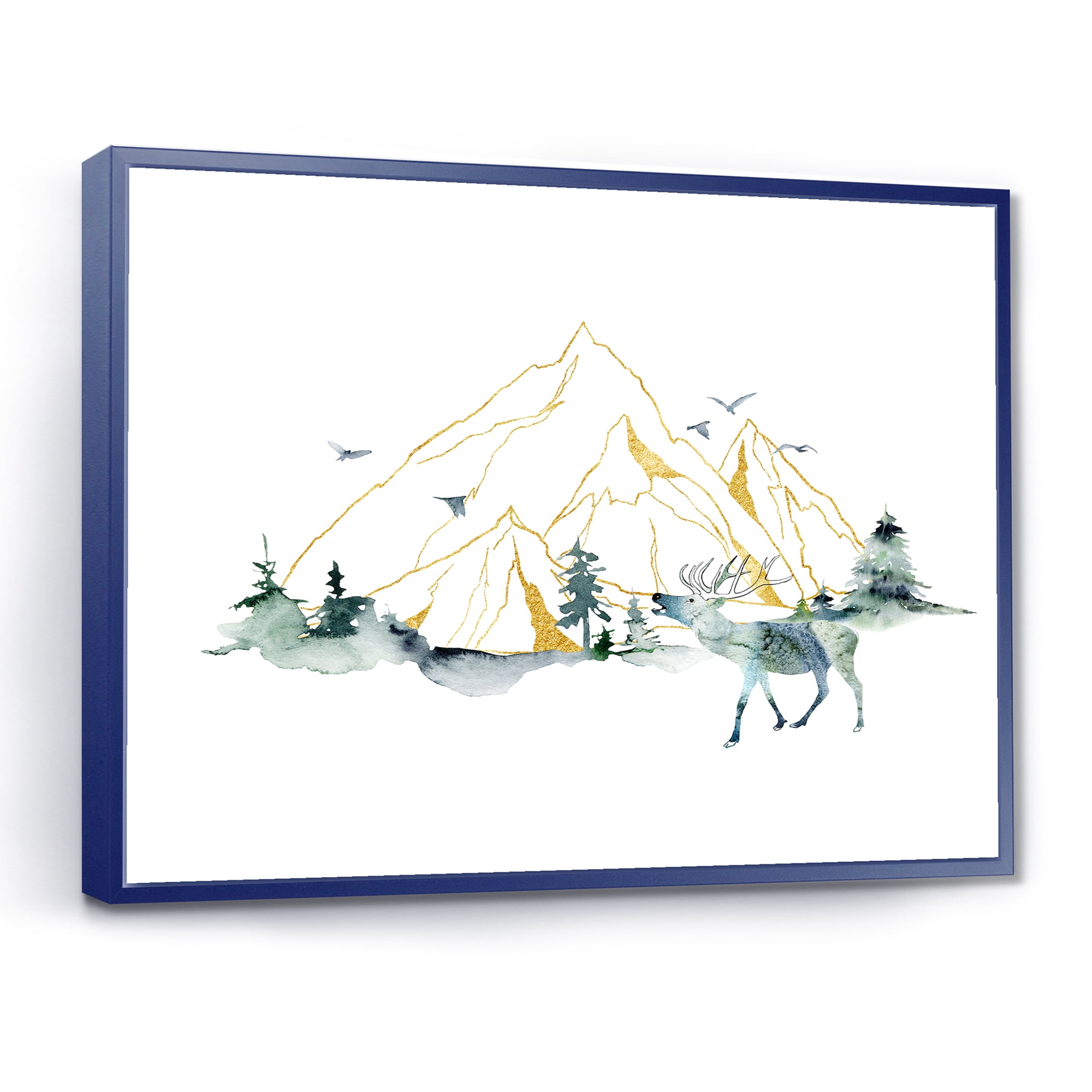 Designart 'Minimalistic Landscape of Forest Deer and Mountains' Modern Framed Canvas Wall Art Print