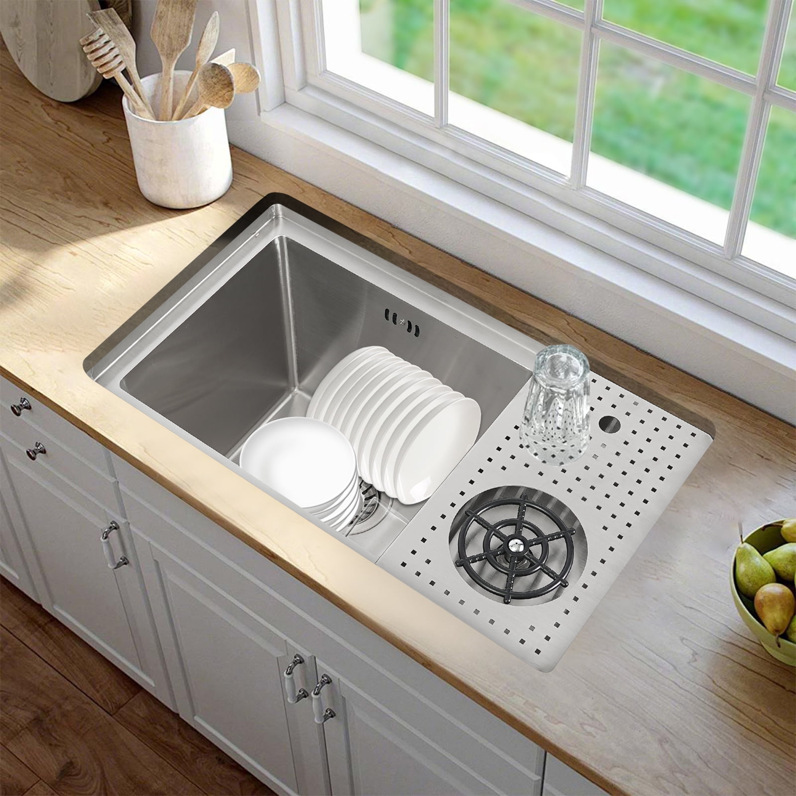Wildnix 304 Stainless Steel Kitchen Sink with 3 Compartments, Utility Drainer, Cup Washer, Chopping Board, and Overflow Holes for Easy Cleaning