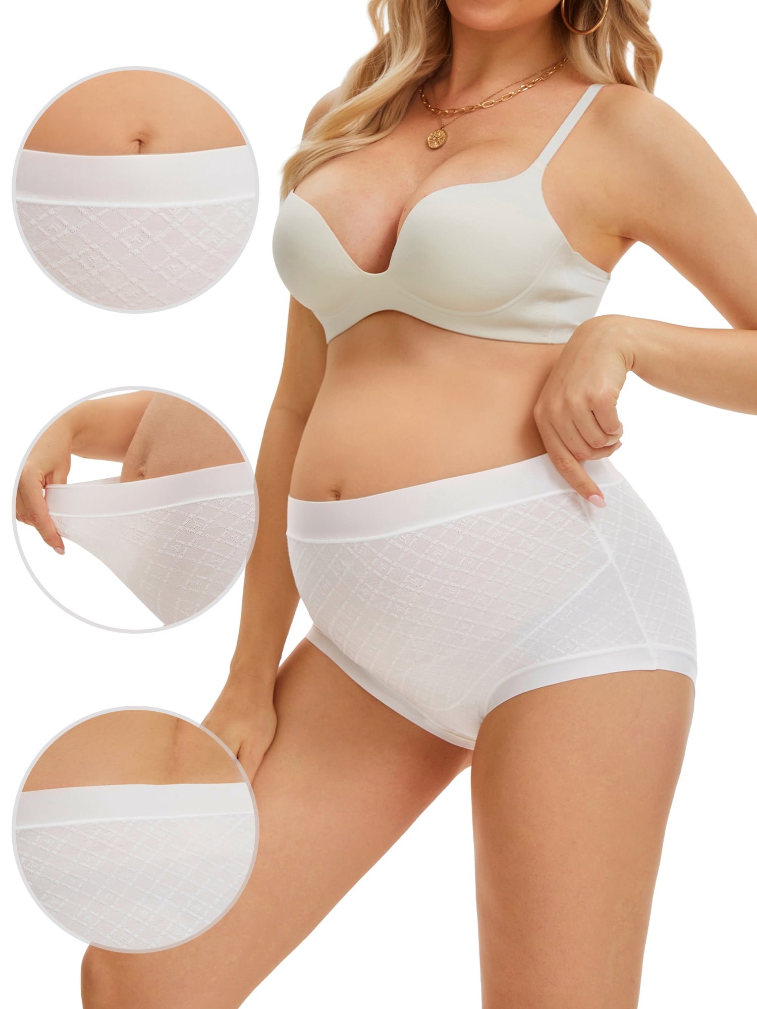 DARING DIVA Women's High Waist Cotton Underwear Jacquard Texture Briefs XL Grid White
