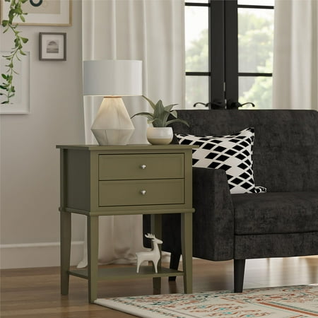 Desert Fields Eclectic Boho Accent Table with 2 Drawers, Olive Green