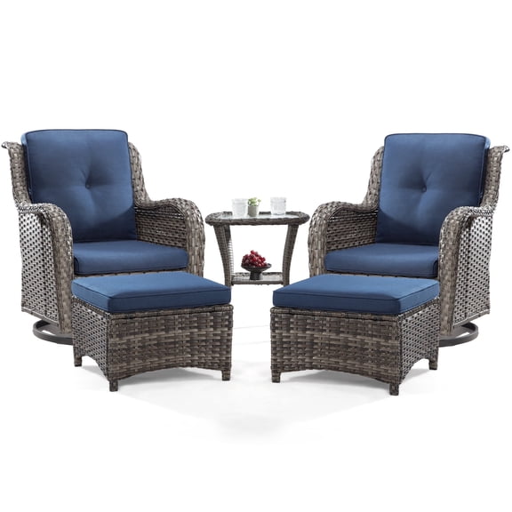MeetLeisure 5 Pieces Outdoor Furniture Patio Furniture Set with Two Swivel Rocking Chairs,Two Ottomans, One Side Table, Navy