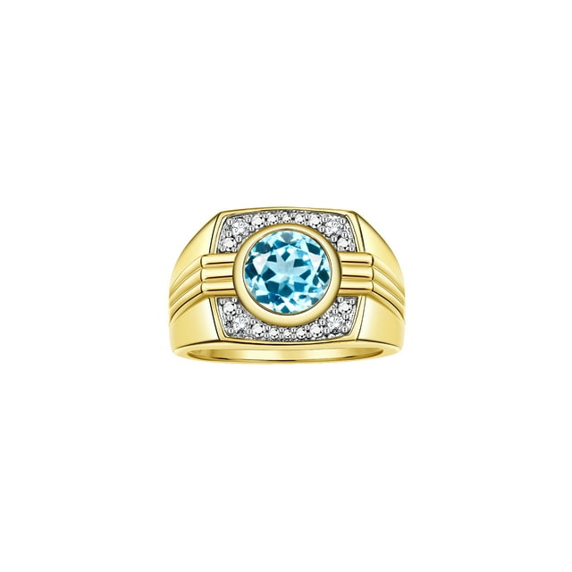 RYLOS Mens Rings 14K Yellow Gold Designer Round Gemstone & Sparkling Diamond Ring Blue Topaz December Birthstone Rings For Men, Men's Rings, Gold Rings Sizes 8 - 13