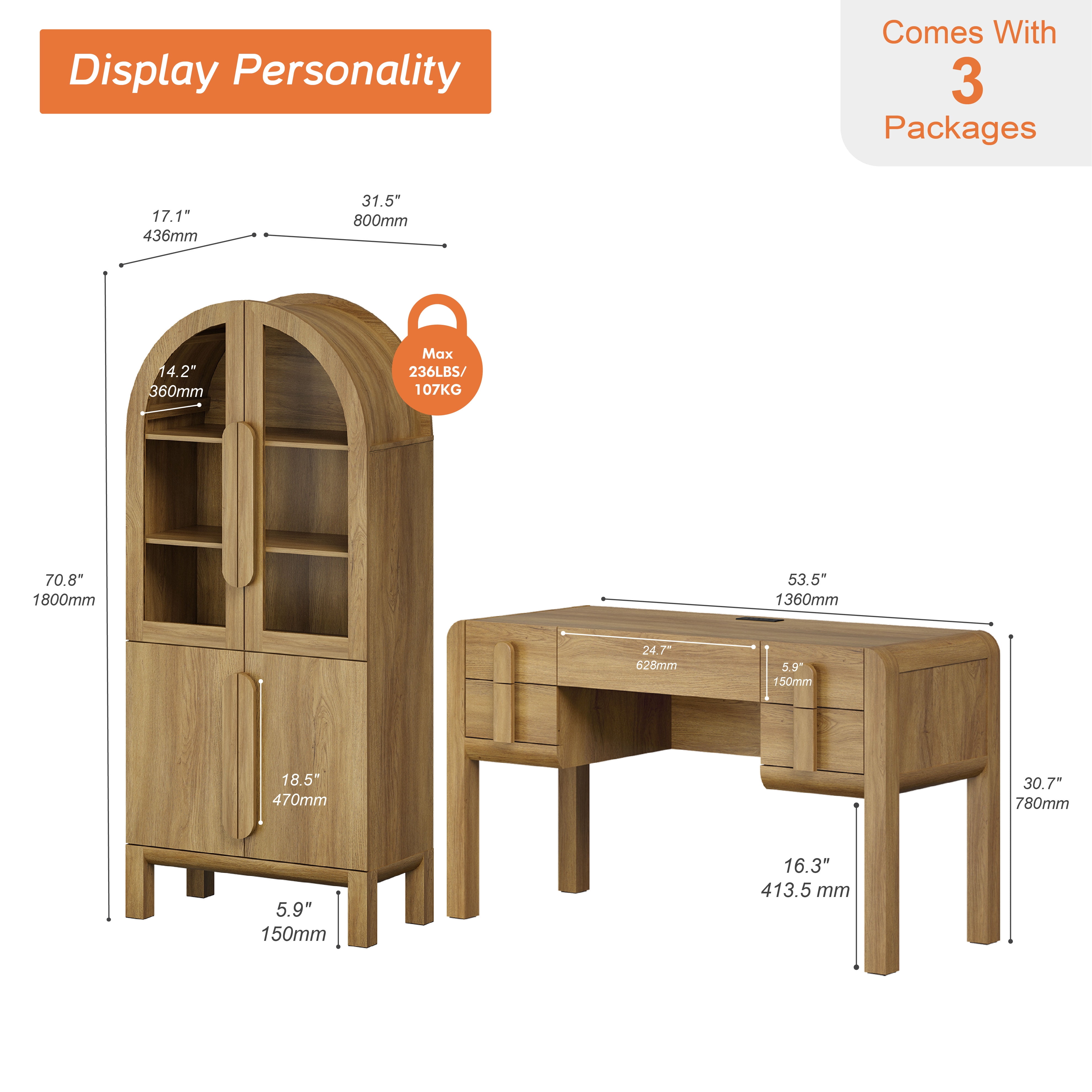 2 Piece Office Set, 53.5" Modern Executive Desk with Charging Station and Drawers & 71"H Tall 5-Tier Arched Bookcases with Glass Door for Living Room, Bedroom, Home Office