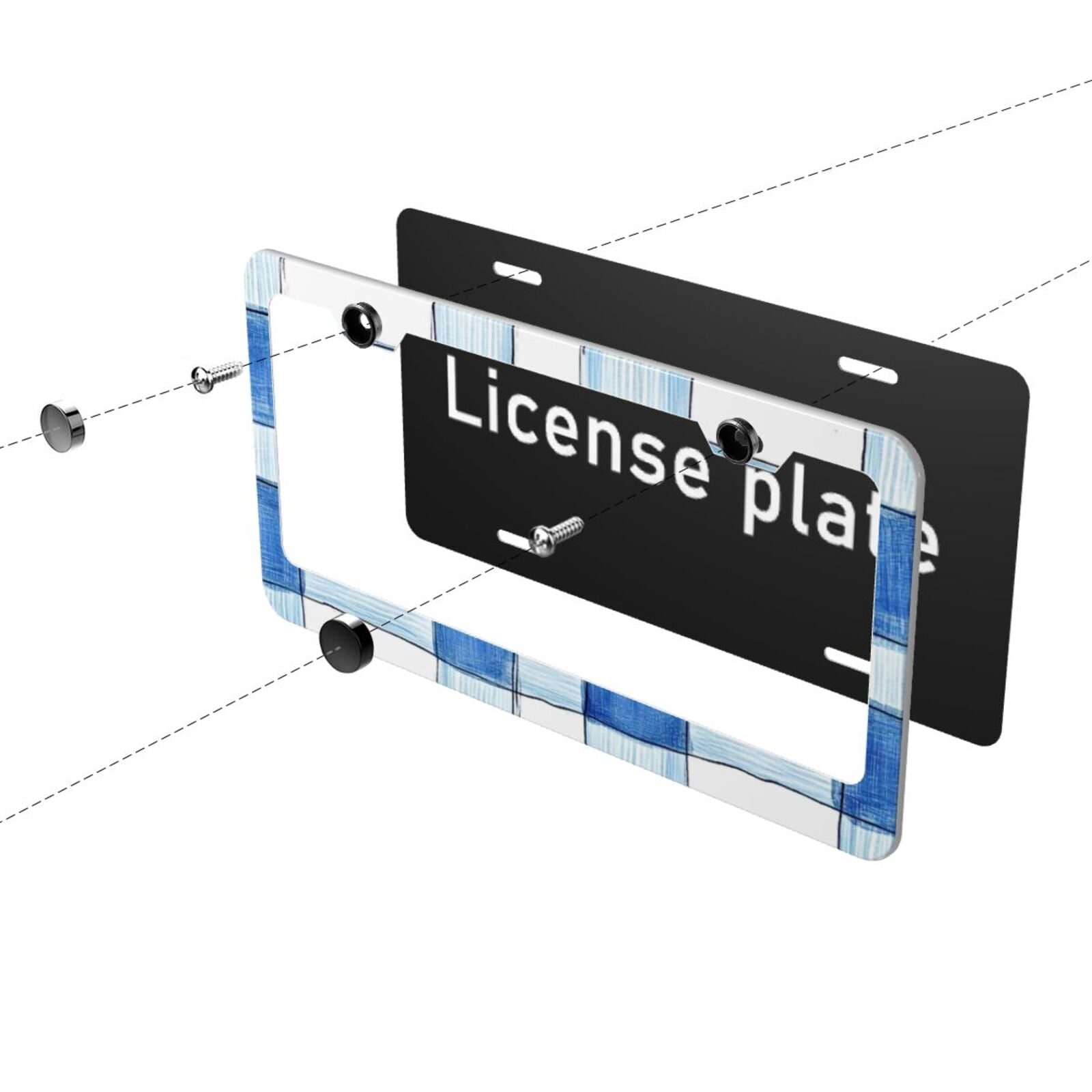 License Plate Frame With Screw Caps 2 Pack Car Plate Frame Front And Rear Rust-Proof Universal Car Tag Holder Cornflowerblue Checked Hand-Drawn Sketch_2
