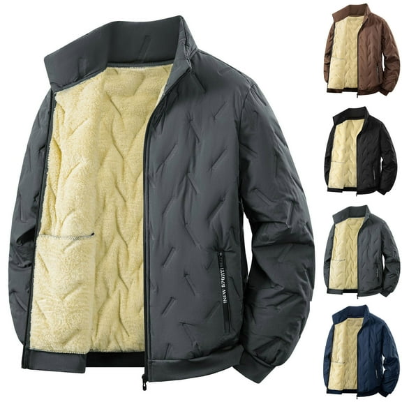 Bixock Fall/Winter Men Cotton Sherpa-Lined Jacket, Men Stand Collar Jackets, Men Solid Color Long Sleeve Stand Collar Zippered Pockets Fleece Lined Thickened Outerwear Jackets