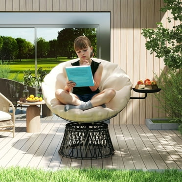 Outsunny 39" Outdoor Papasan Chair with Side Tray, 360° Swivel Overstuffed Circle Chair with Thickened Cushion, Steel Frame for Indoor, Patio, Beige