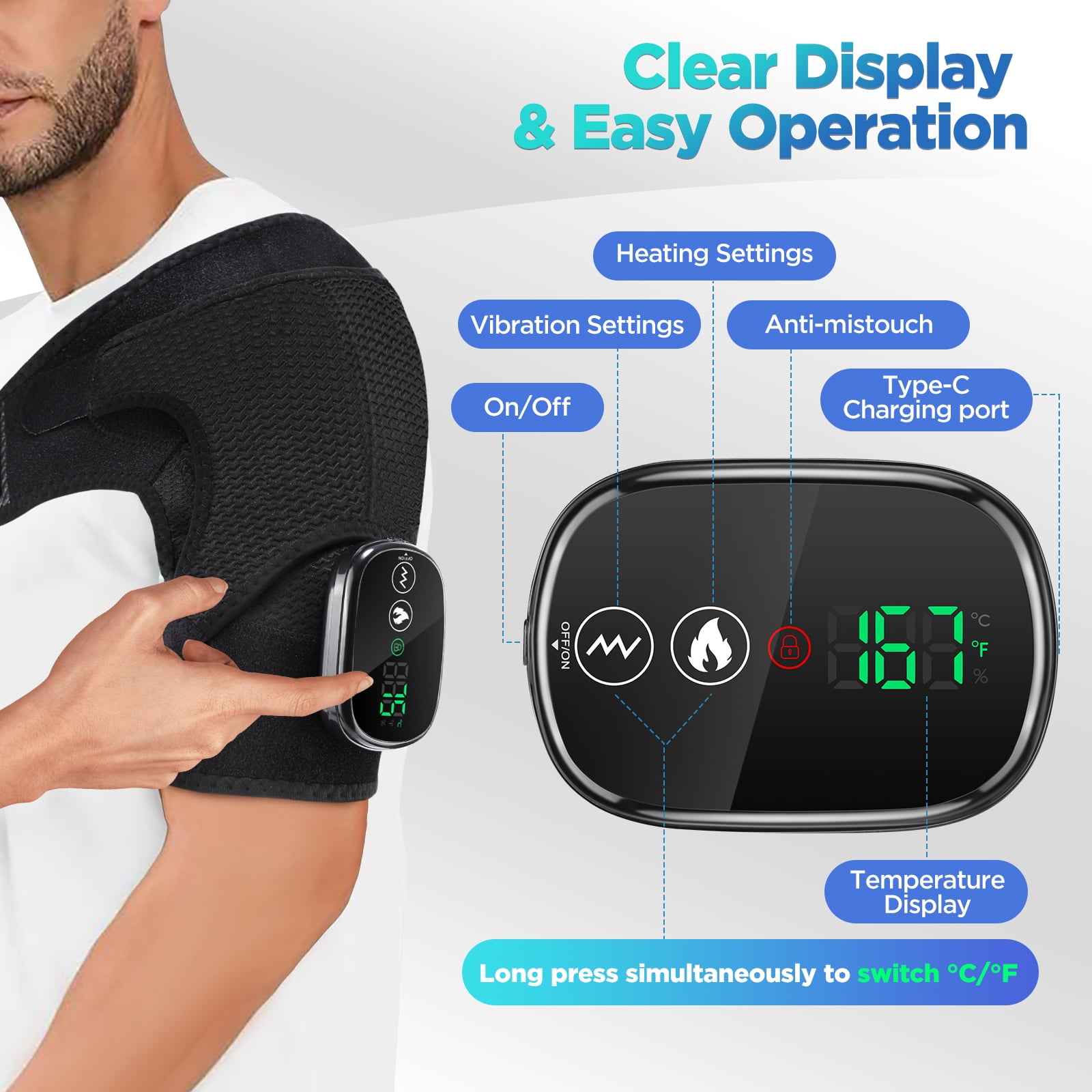 Cordless Heated Shoulder Brace, Shoulder Massager Wrap with 3 Speed Heat & 3 Vibration Massage for Men Women, Electric Shoulder Heating Pad for Relax, Black